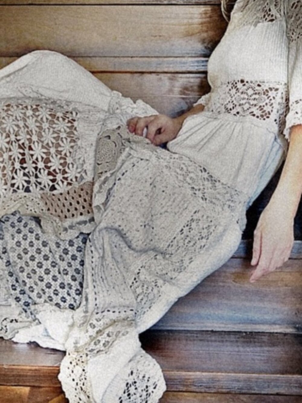 Londonerus Upcycled Patchwork Lace Dress – Ivory Crochet Boho Mori Dress – S/M